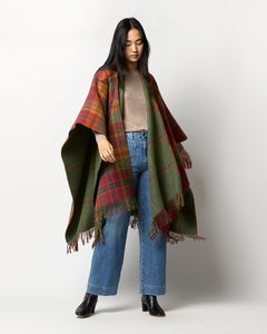 Reversible Lambswool Cape in Red Tweed/Green Windowpane