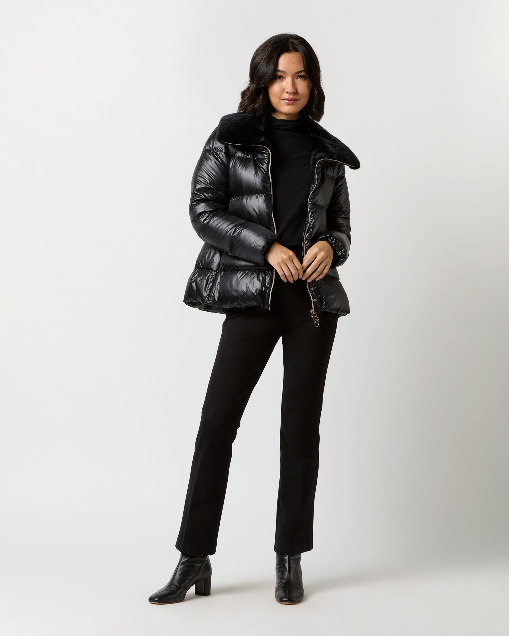 Shiny Nylon Short Jacket With Faux Fur in Black