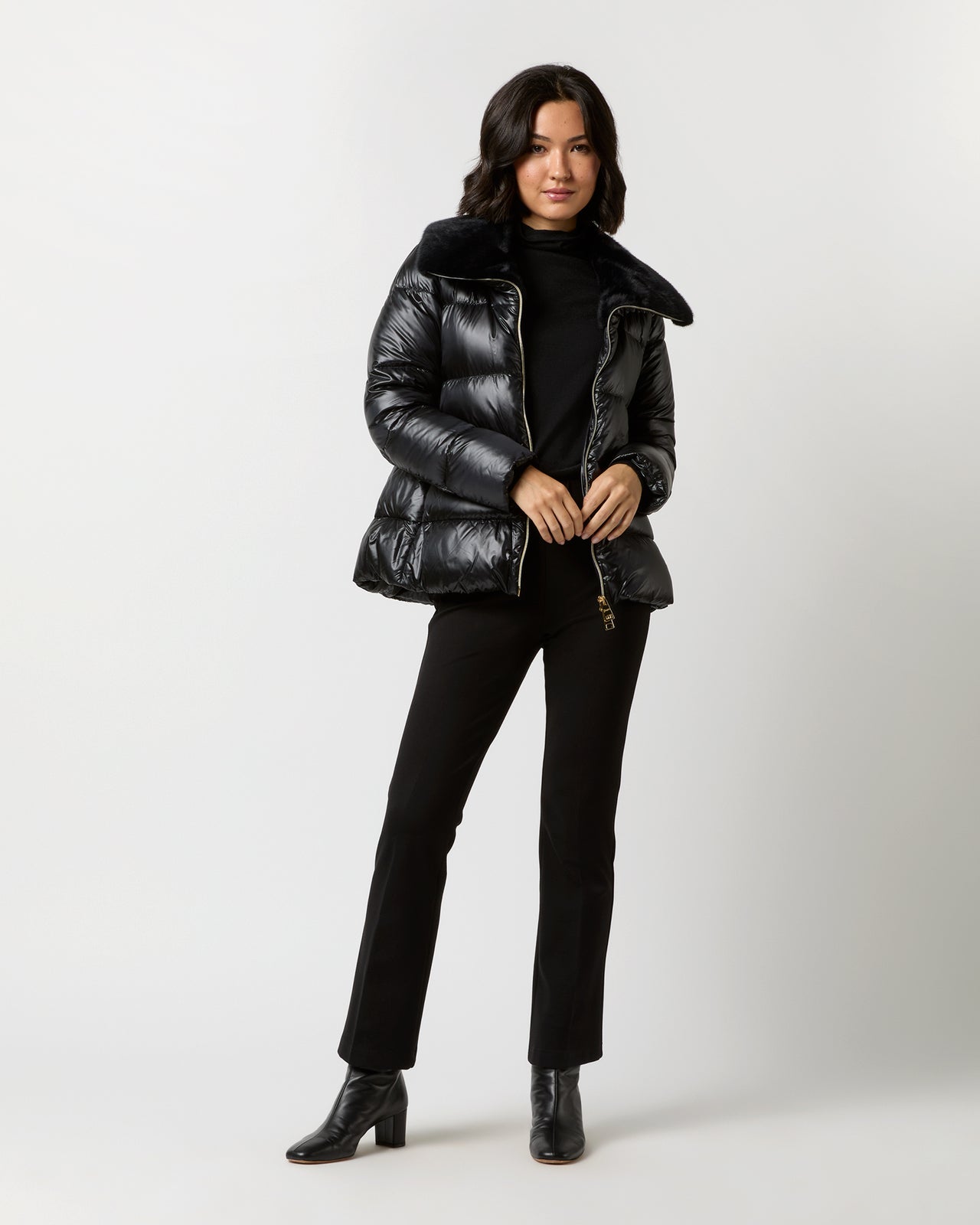 Shiny Nylon Short Jacket With Faux Fur in Black | Shop Ann Mashburn