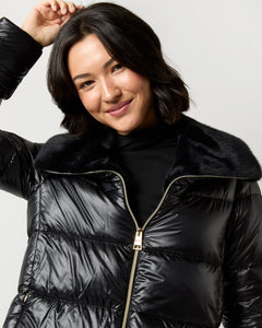 Shiny Nylon Short Jacket With Faux Fur in Black