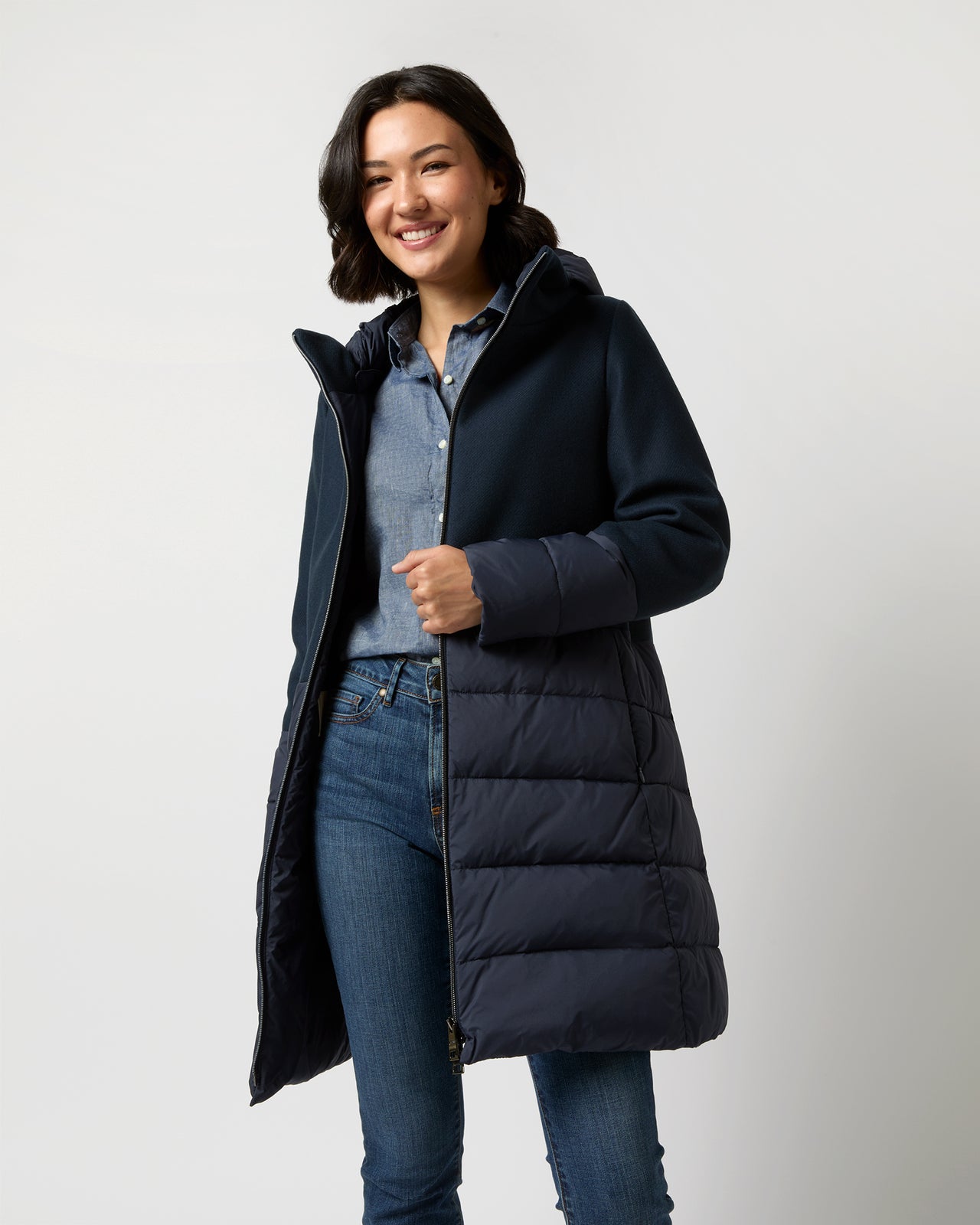お値下げ☆ HERNO 春秋アウター ネイビー 14A Mixed Media Quilted Coat in Navy | Shop Ann Mashburn