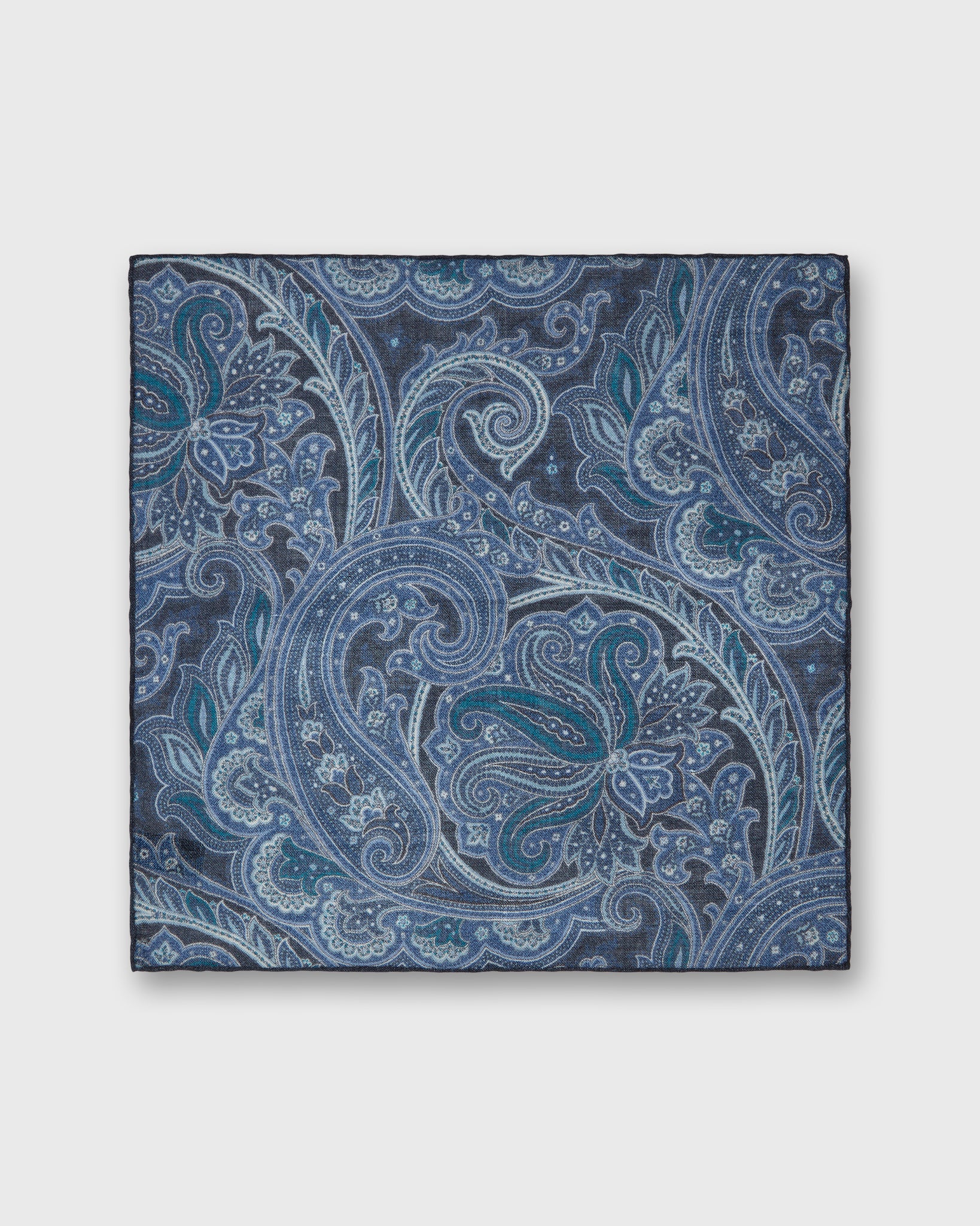 Wool/Silk Pocket Square in Navy/Mid Blue Paisley