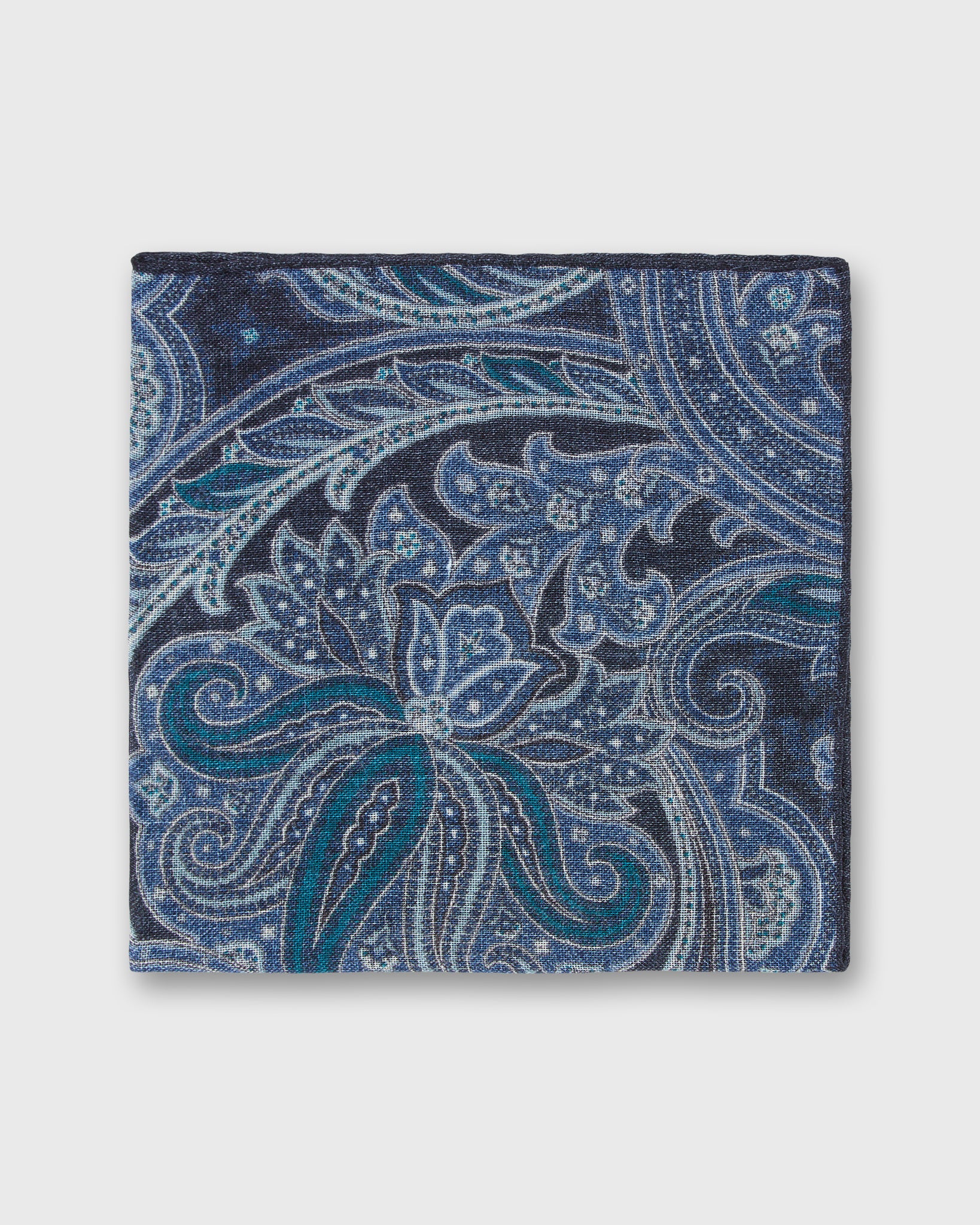 Wool/Silk Pocket Square in Navy/Mid Blue Paisley