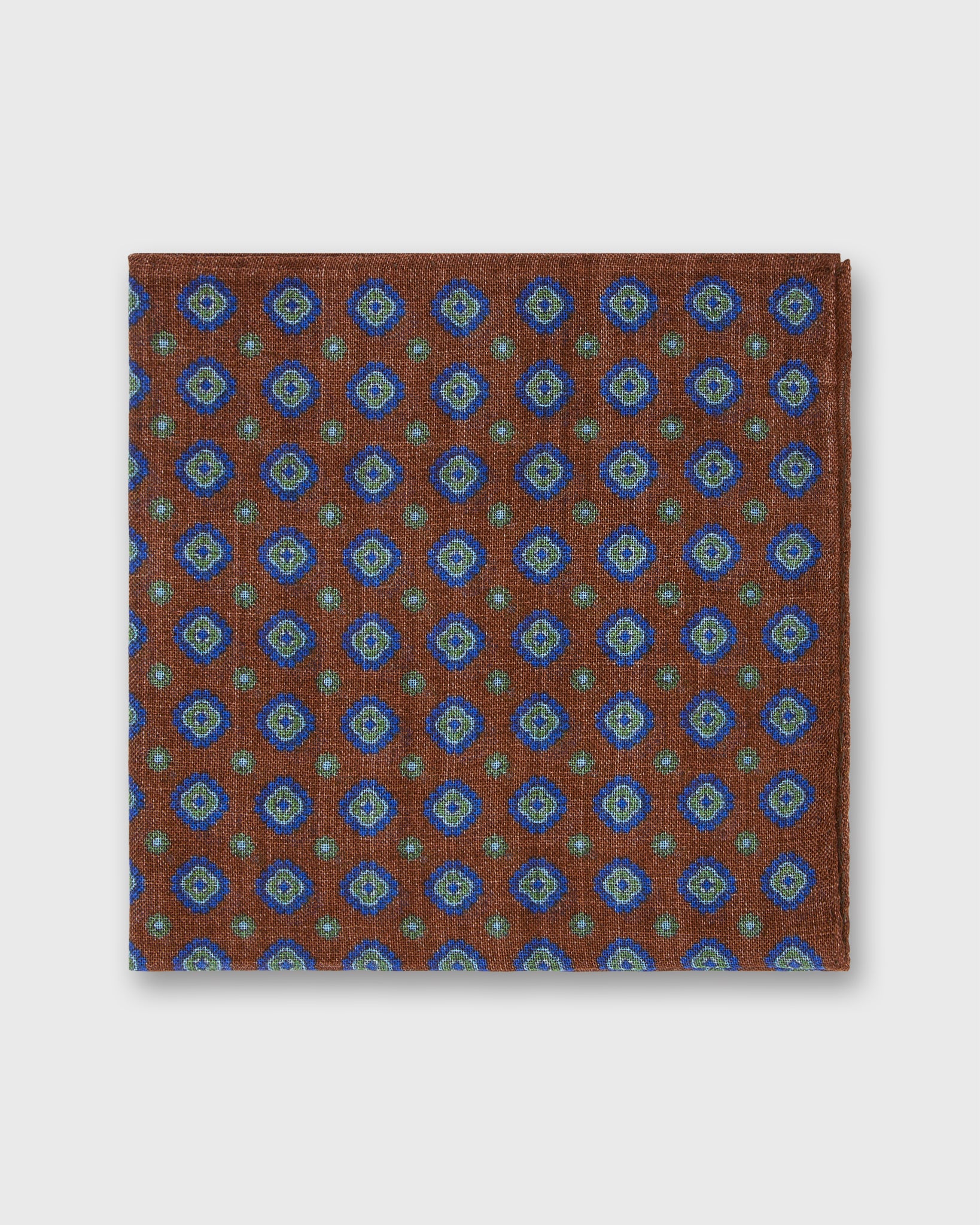 Wool/Silk Pocket Square in Brown/Blue/Green Medallion