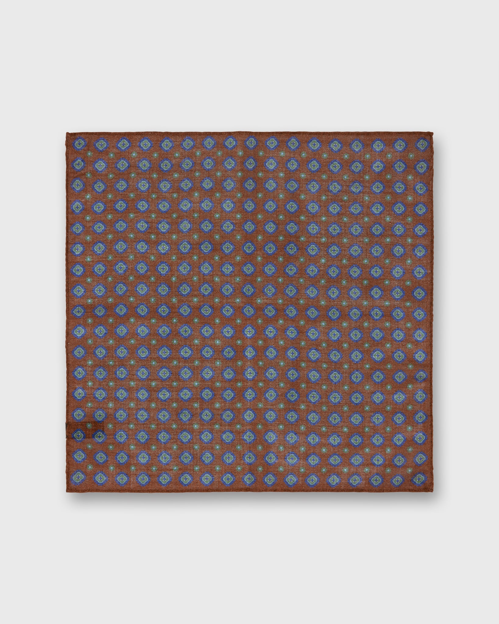 Wool/Silk Pocket Square in Brown/Blue/Green Medallion