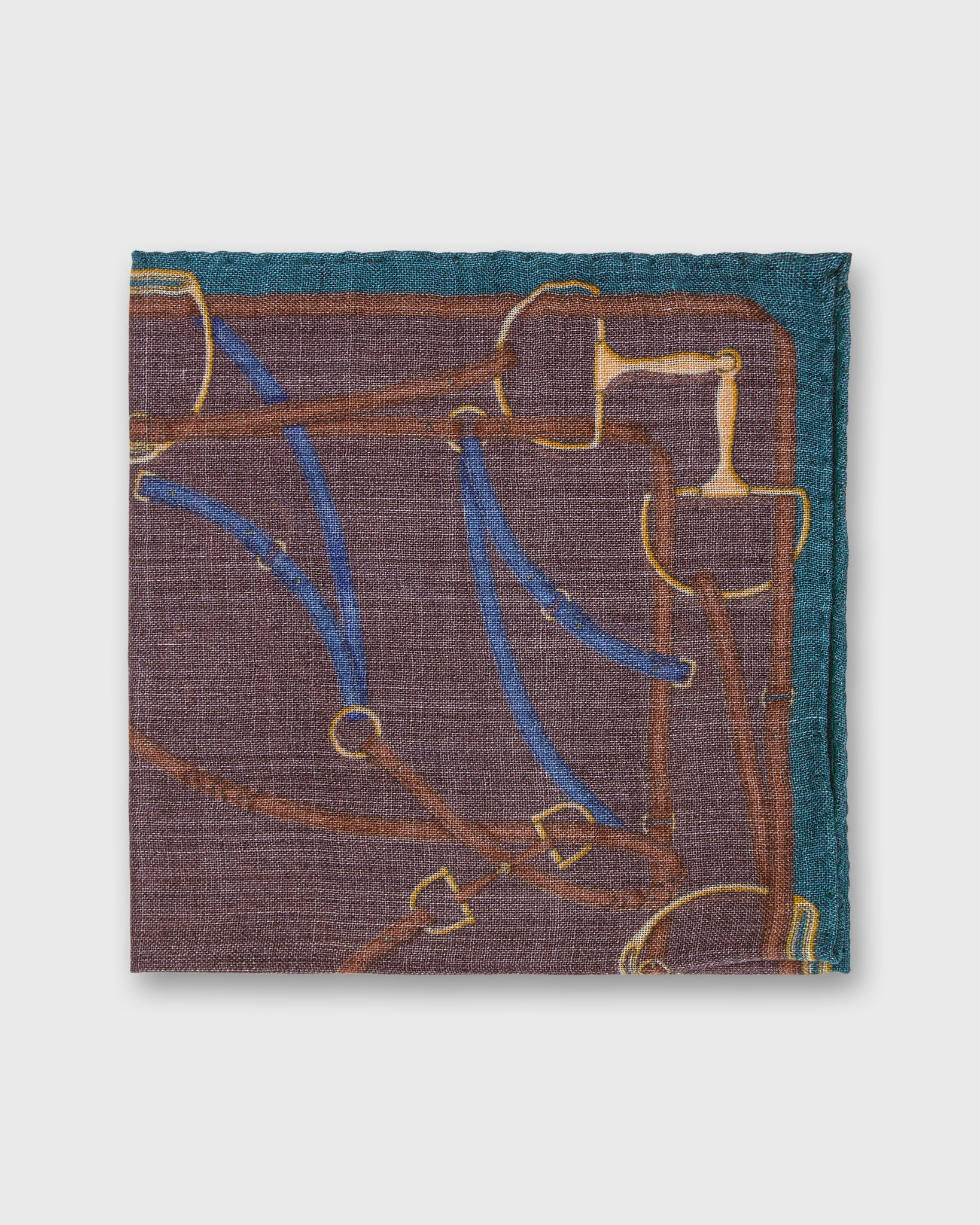 Wool/Silk Pocket Square in Chestnut/Aegean/Blue Equestrian