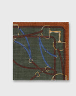 Load image into Gallery viewer, Wool/Silk Pocket Square in Olive/Orange/Blue Equestrian
