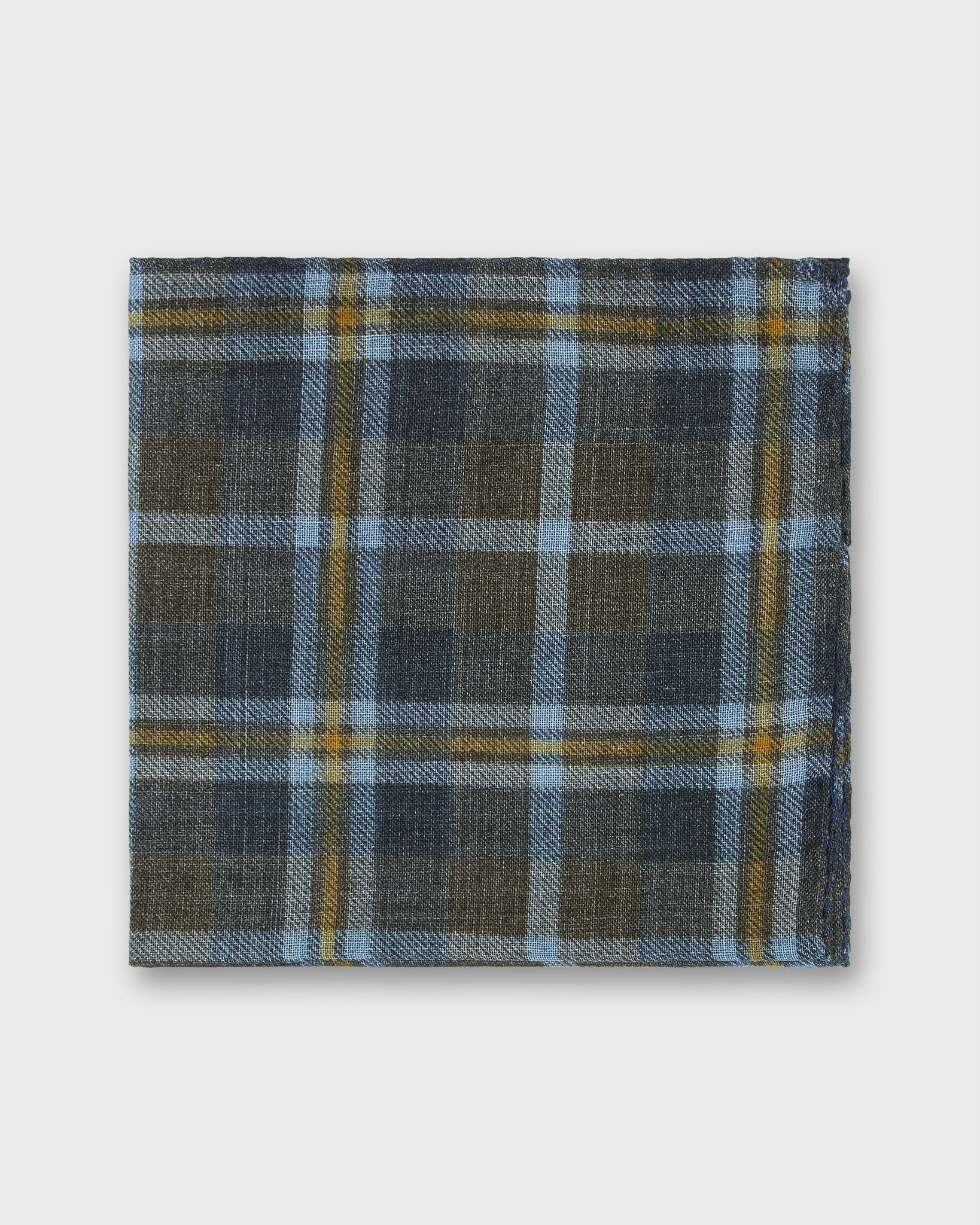 Wool/Silk Pocket Square in Smoke/Sky/Yellow Plaid