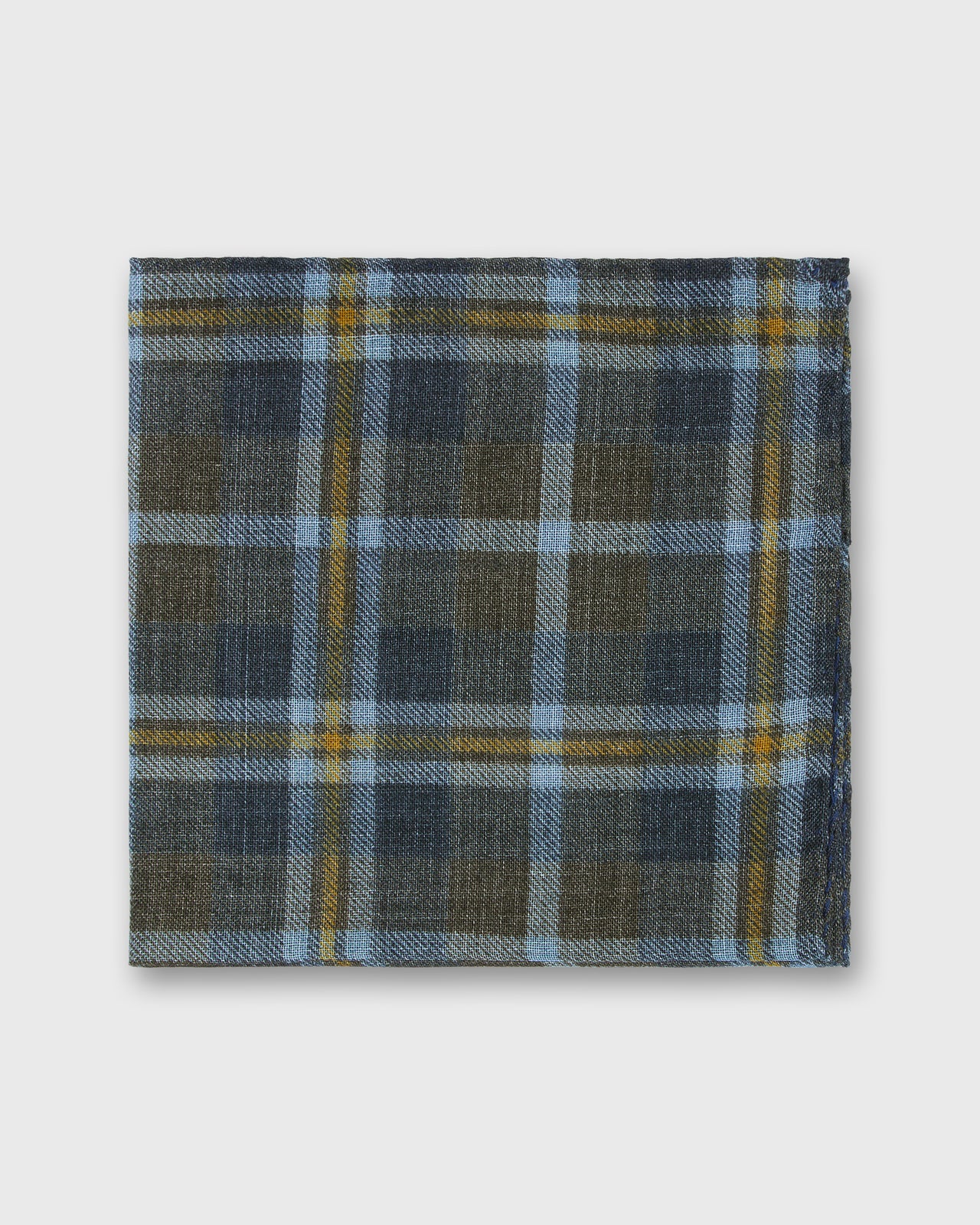 Wool/Silk Pocket Square in Smoke/Sky/Yellow Plaid