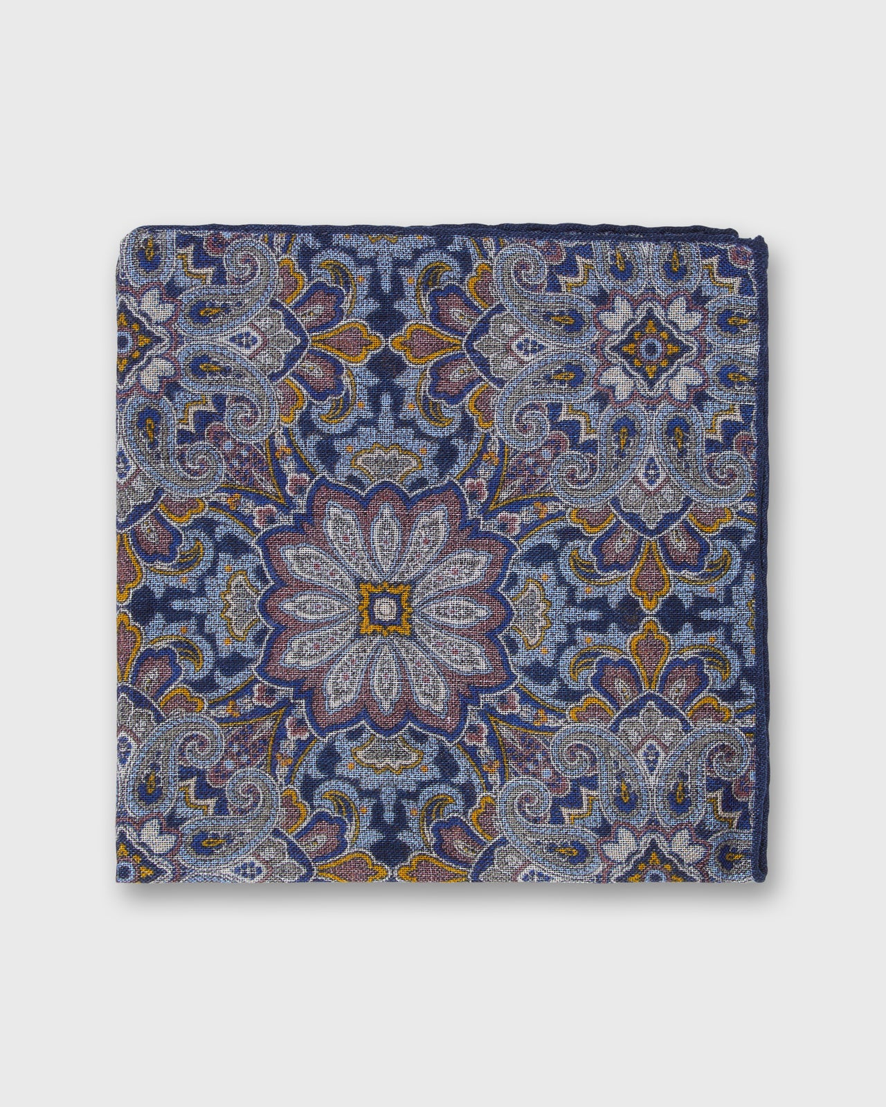 Hand-Rolled Wool/Silk Pocket Square in Navy/Dusty Rose/Yellow Mosaic