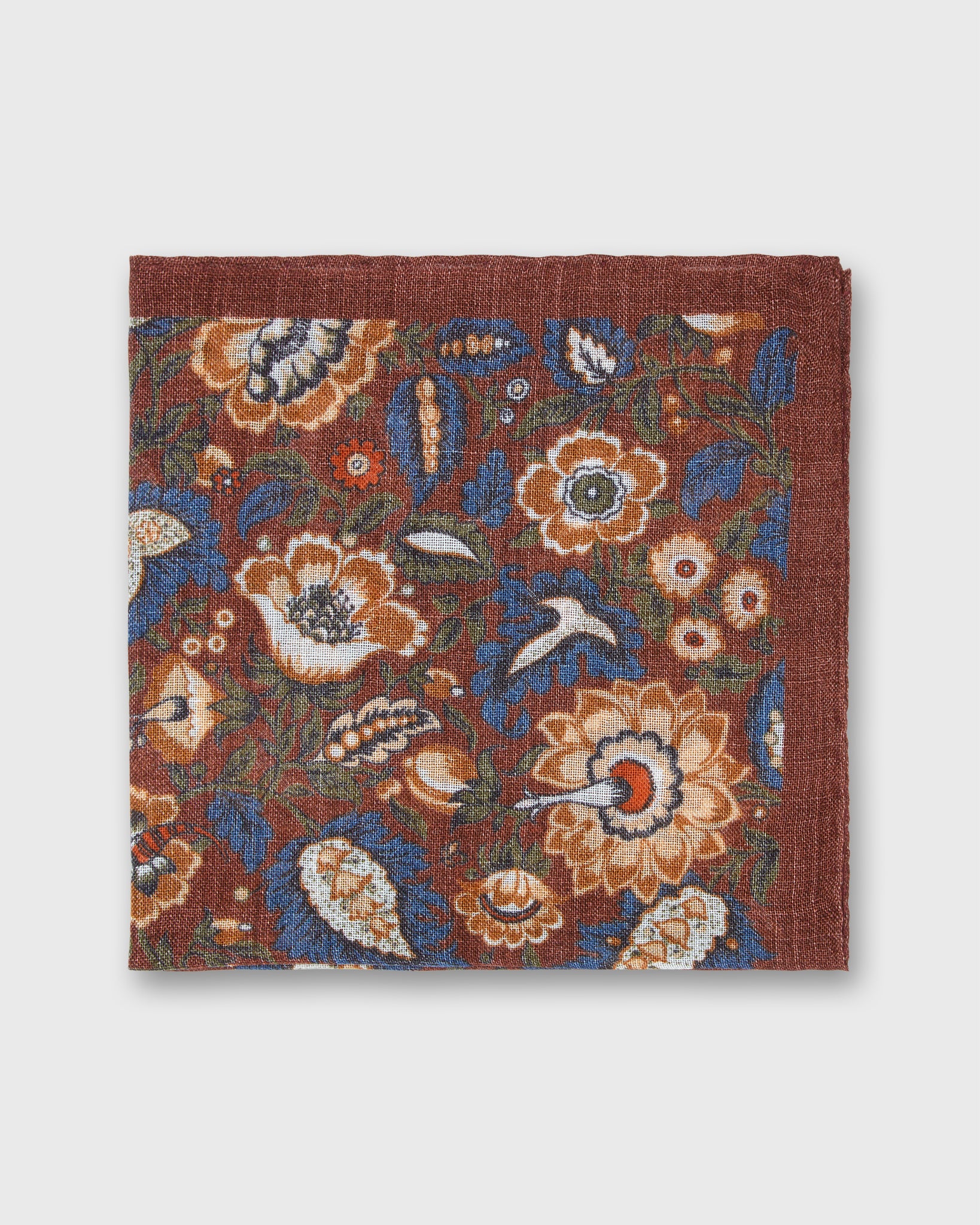 Wool/Silk Pocket Square in Rust/Gold/Blue Floral