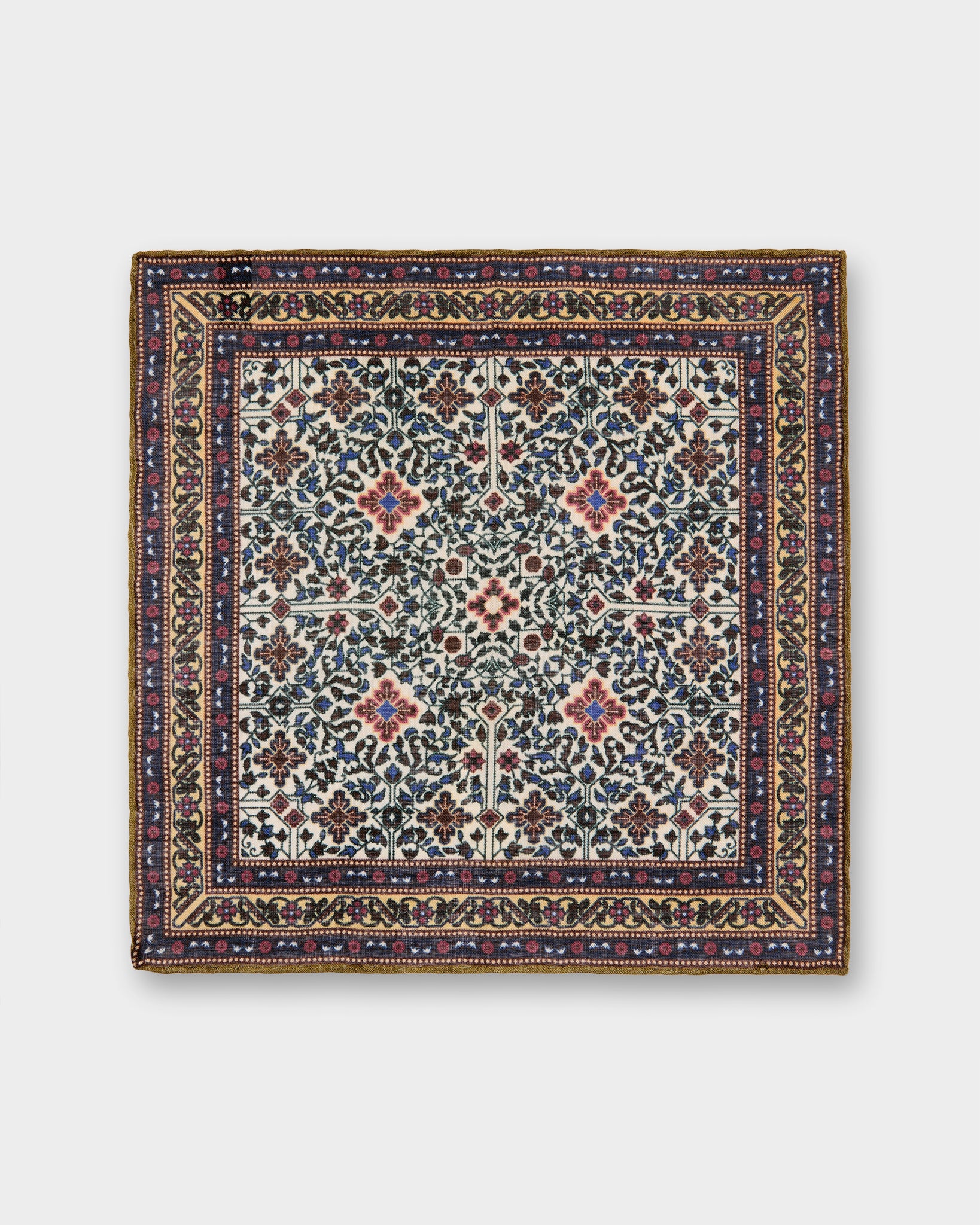 Wool/Silk Pocket Square in Bone/Blue/Butter Mosaic