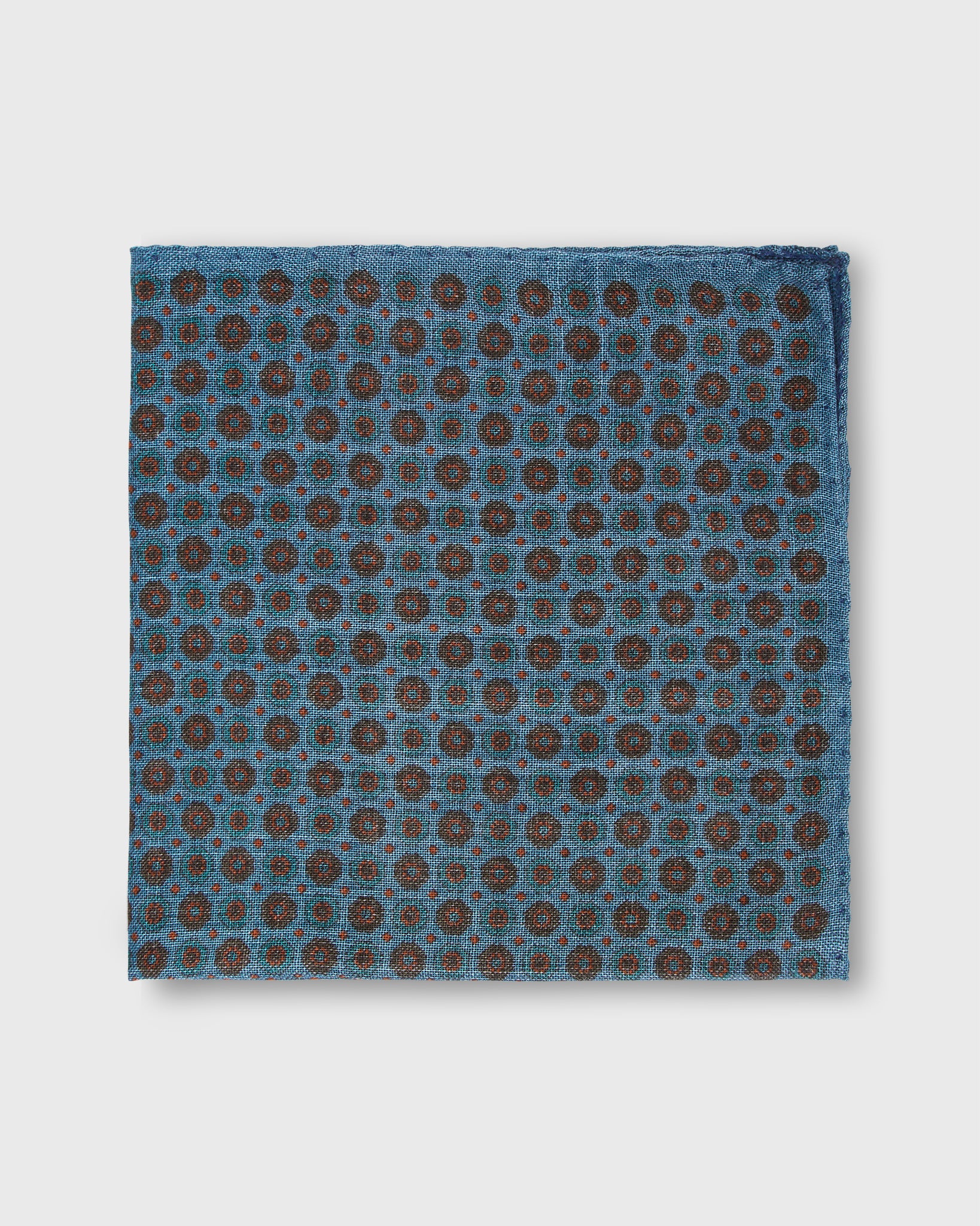 Wool/Silk Pocket Square in Cornflower/Brown/Green Foulard