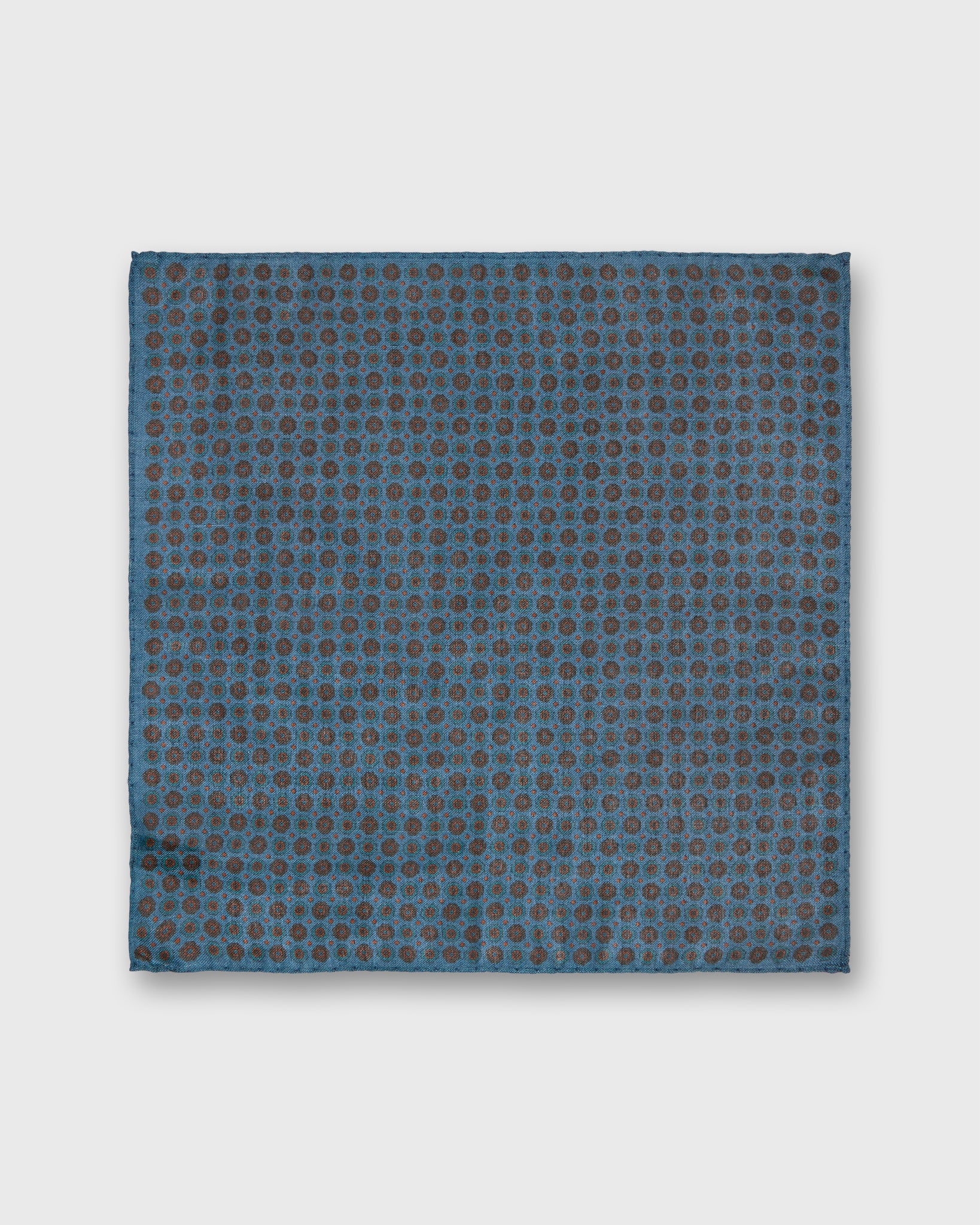 Wool/Silk Pocket Square in Cornflower/Brown/Green Foulard