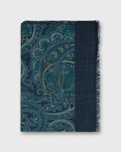 Wool/Cashmere Print Scarf in Navy/Mid Blue Paisley