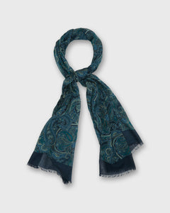 Wool/Cashmere Print Scarf in Navy/Mid Blue Paisley