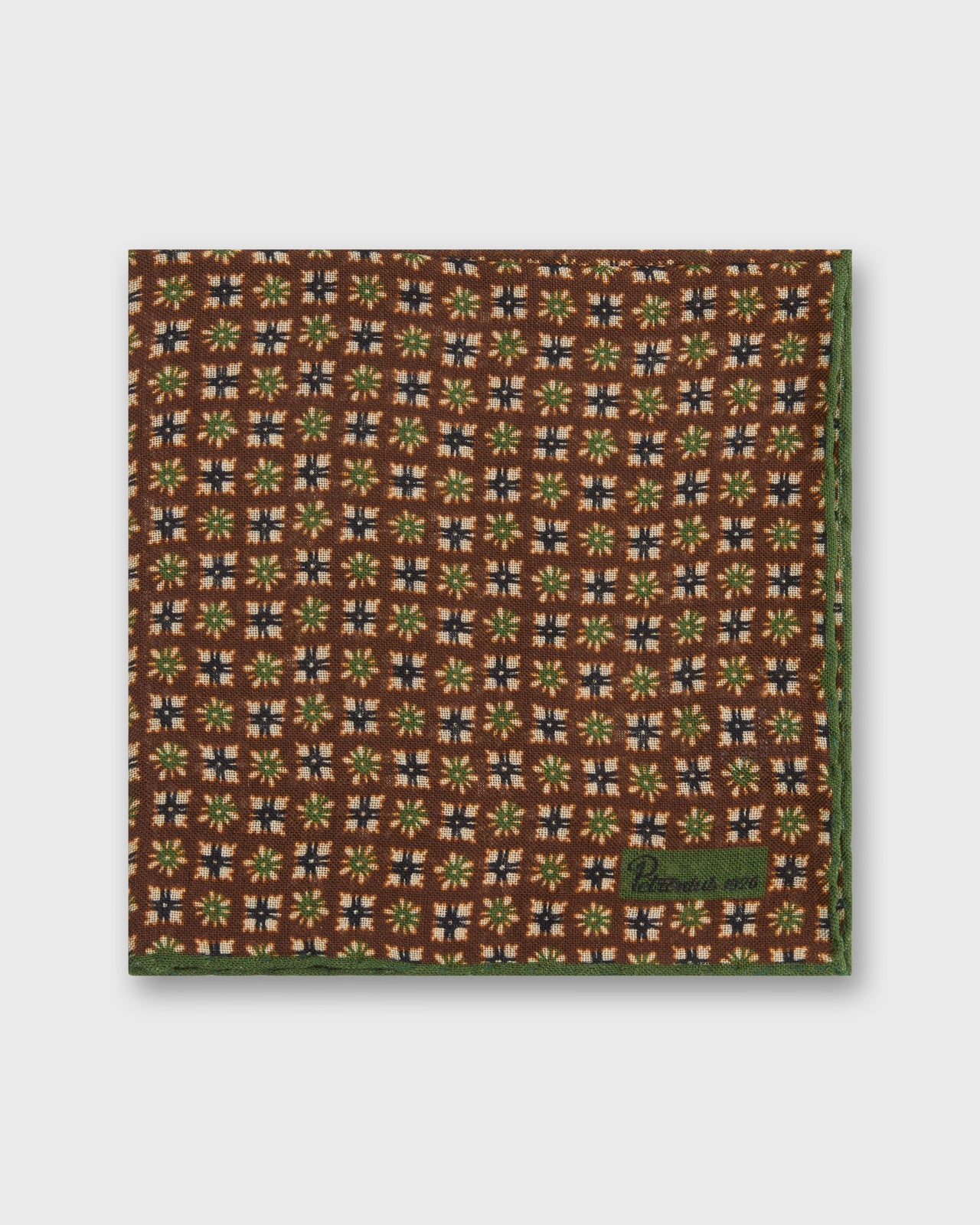 Wool/Silk Print Pocket Square in Brown/Straw/Olive Mosaic