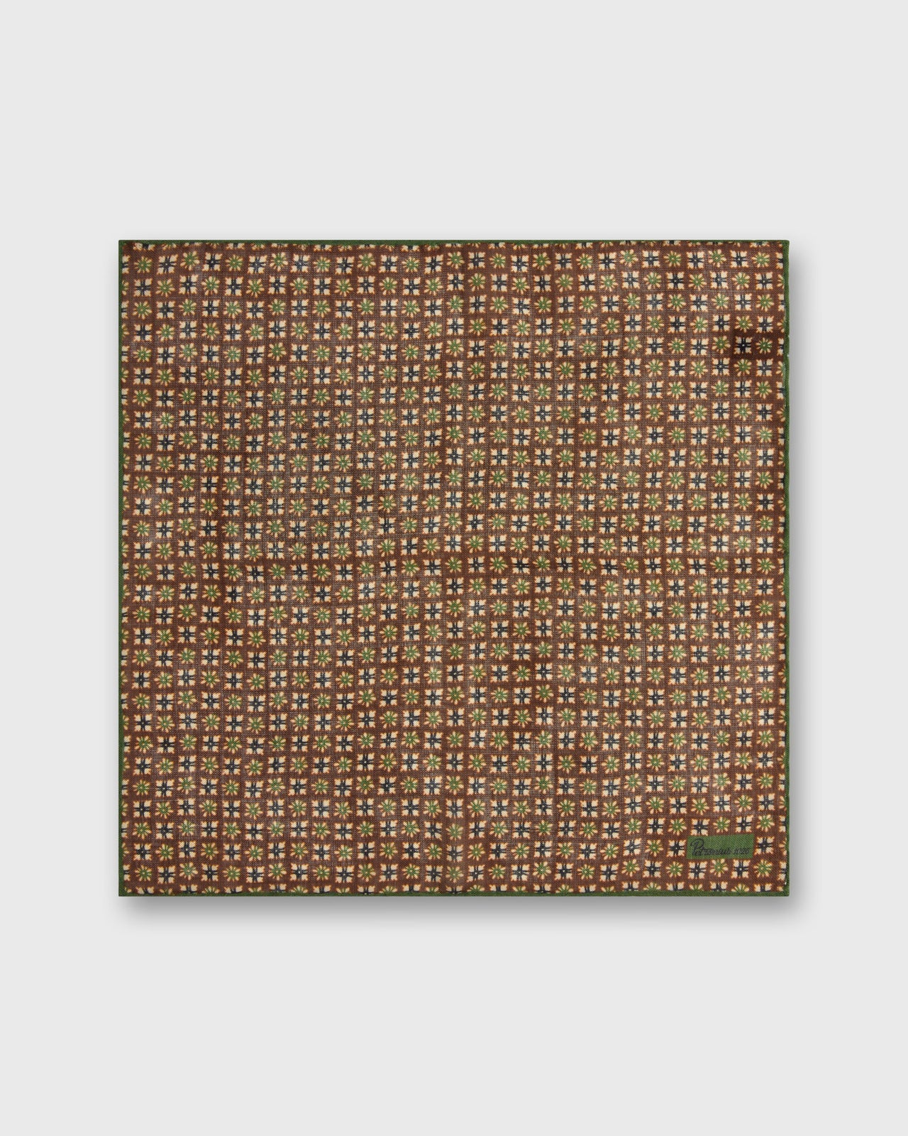 Wool/Silk Print Pocket Square in Brown/Straw/Olive Mosaic