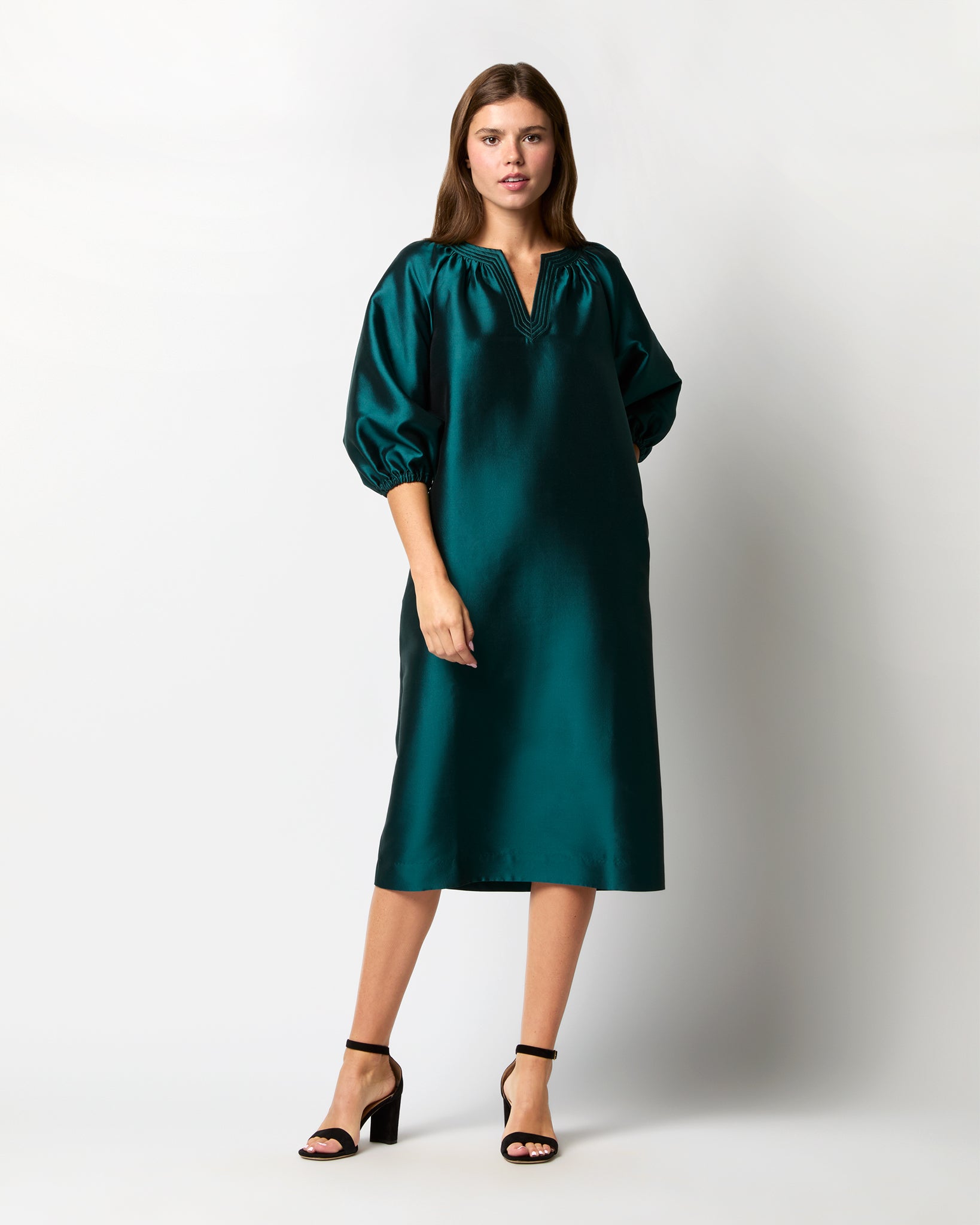 Trapunto Blouson Dress in Peacock Silk/Wool