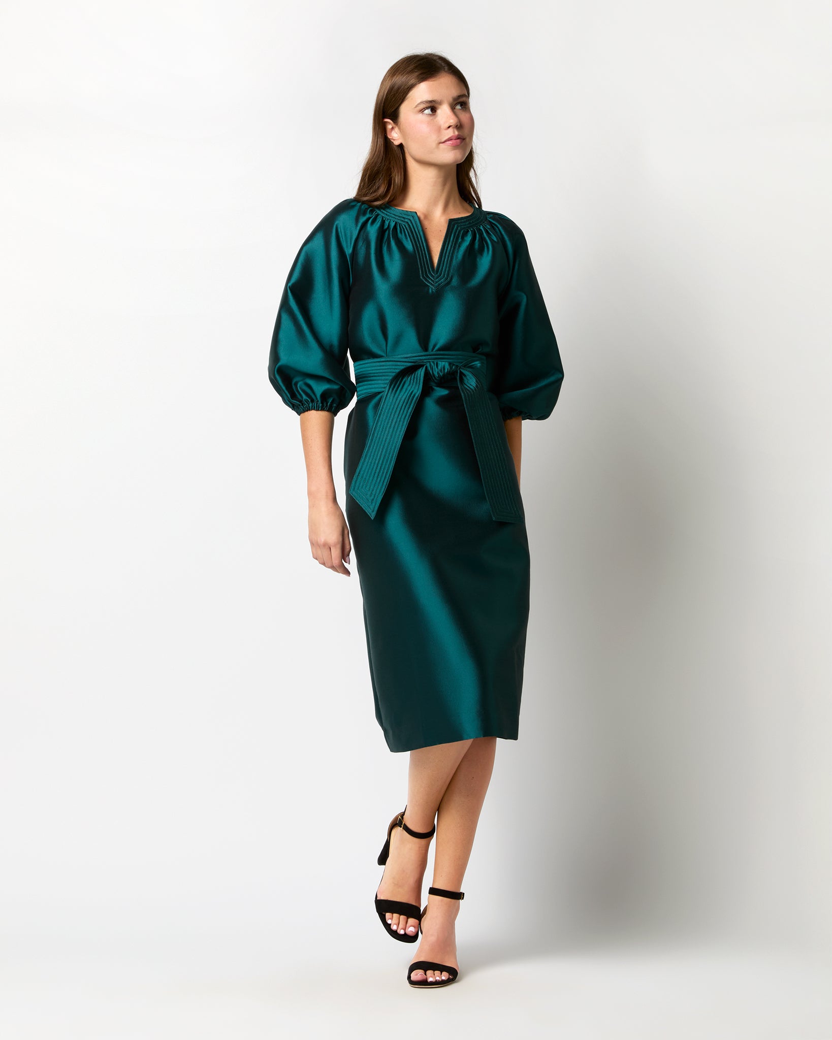 Trapunto Blouson Dress in Peacock Silk/Wool