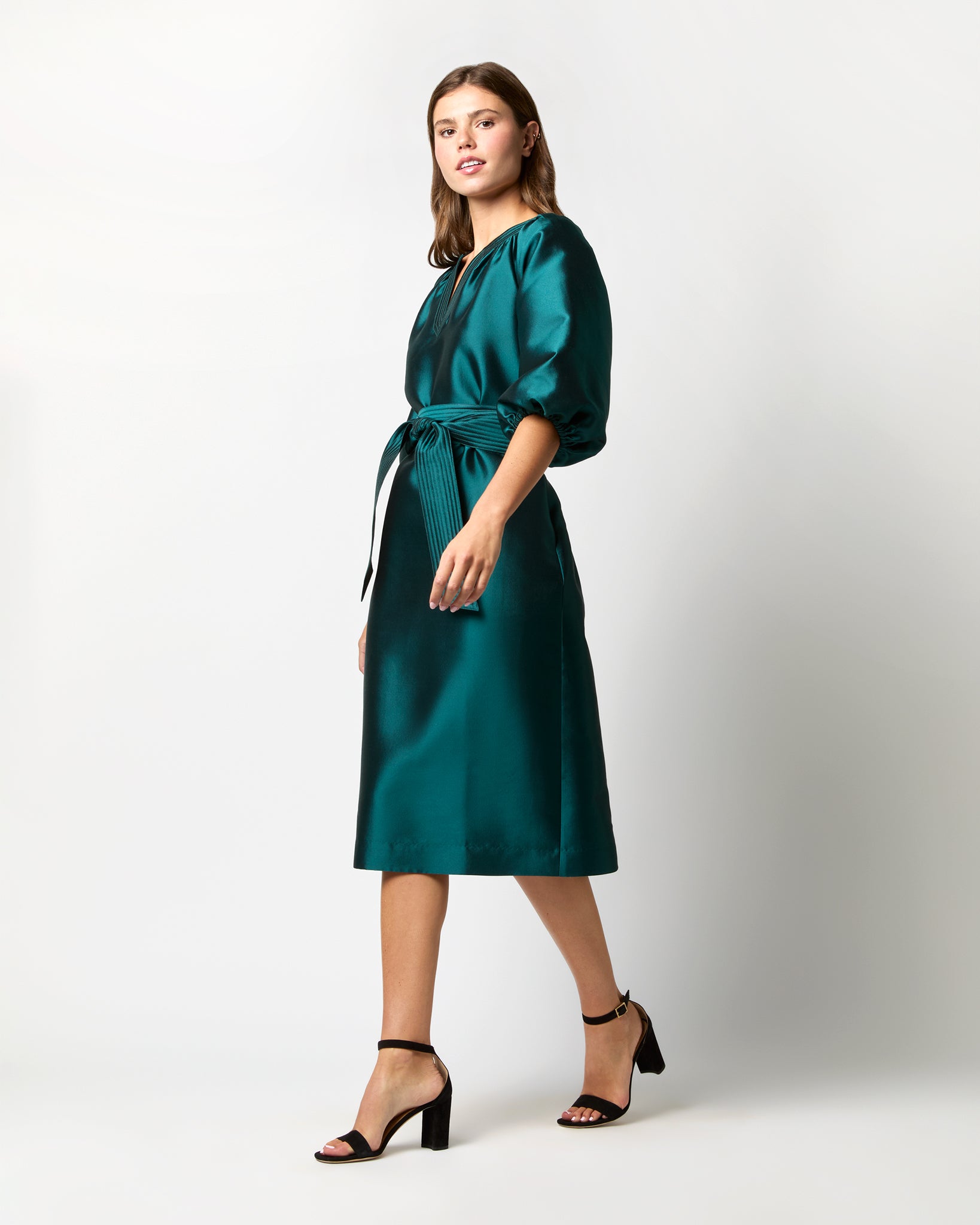 Trapunto Blouson Dress in Peacock Silk/Wool