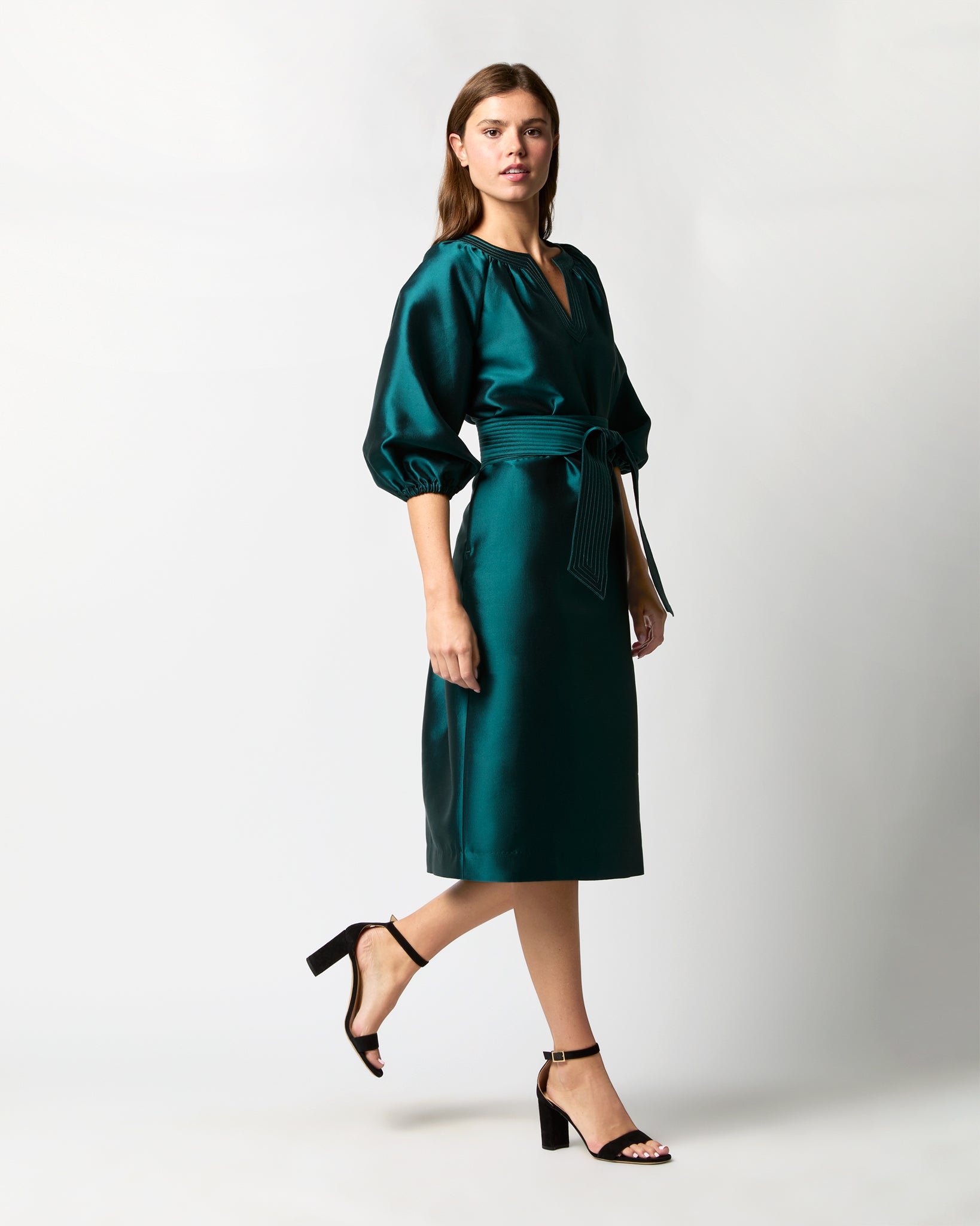 Trapunto Blouson Dress in Peacock Silk/Wool