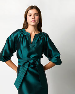 Trapunto Blouson Dress in Peacock Silk/Wool