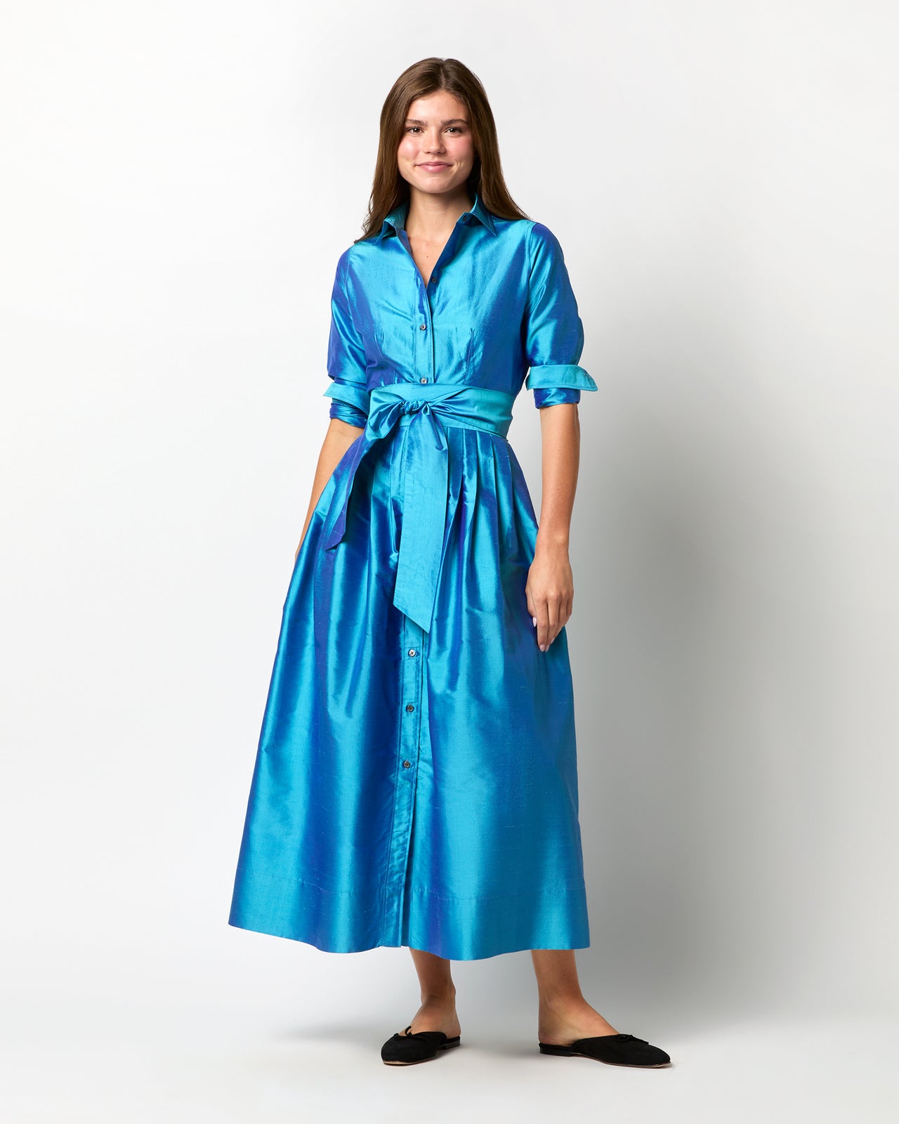Classic Shirtwaist Maxi Dress in Azure Iridescent Silk