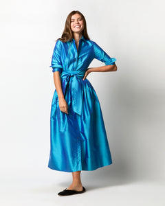 Classic Shirtwaist Maxi Dress in Azure Iridescent Silk Shantung