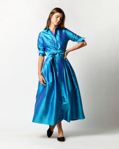 Classic Shirtwaist Maxi Dress in Azure Iridescent Silk Shantung