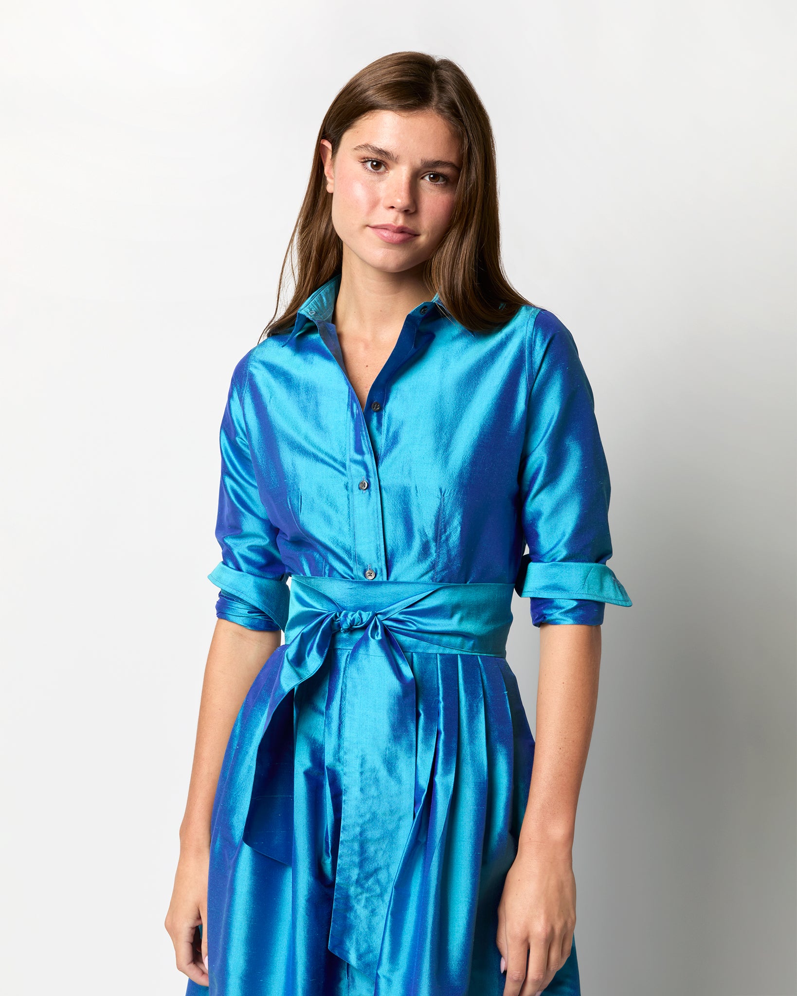 Classic Shirtwaist Maxi Dress in Azure Iridescent Silk Shantung