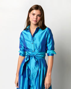 Classic Shirtwaist Maxi Dress in Azure Iridescent Silk Shantung