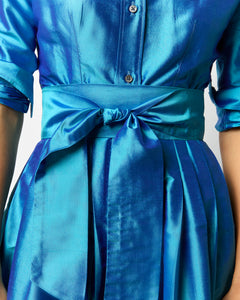 Classic Shirtwaist Maxi Dress in Azure Iridescent Silk Shantung