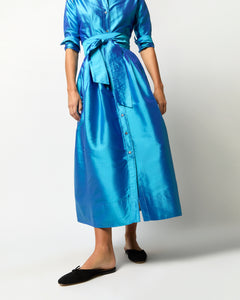 Classic Shirtwaist Maxi Dress in Azure Iridescent Silk Shantung