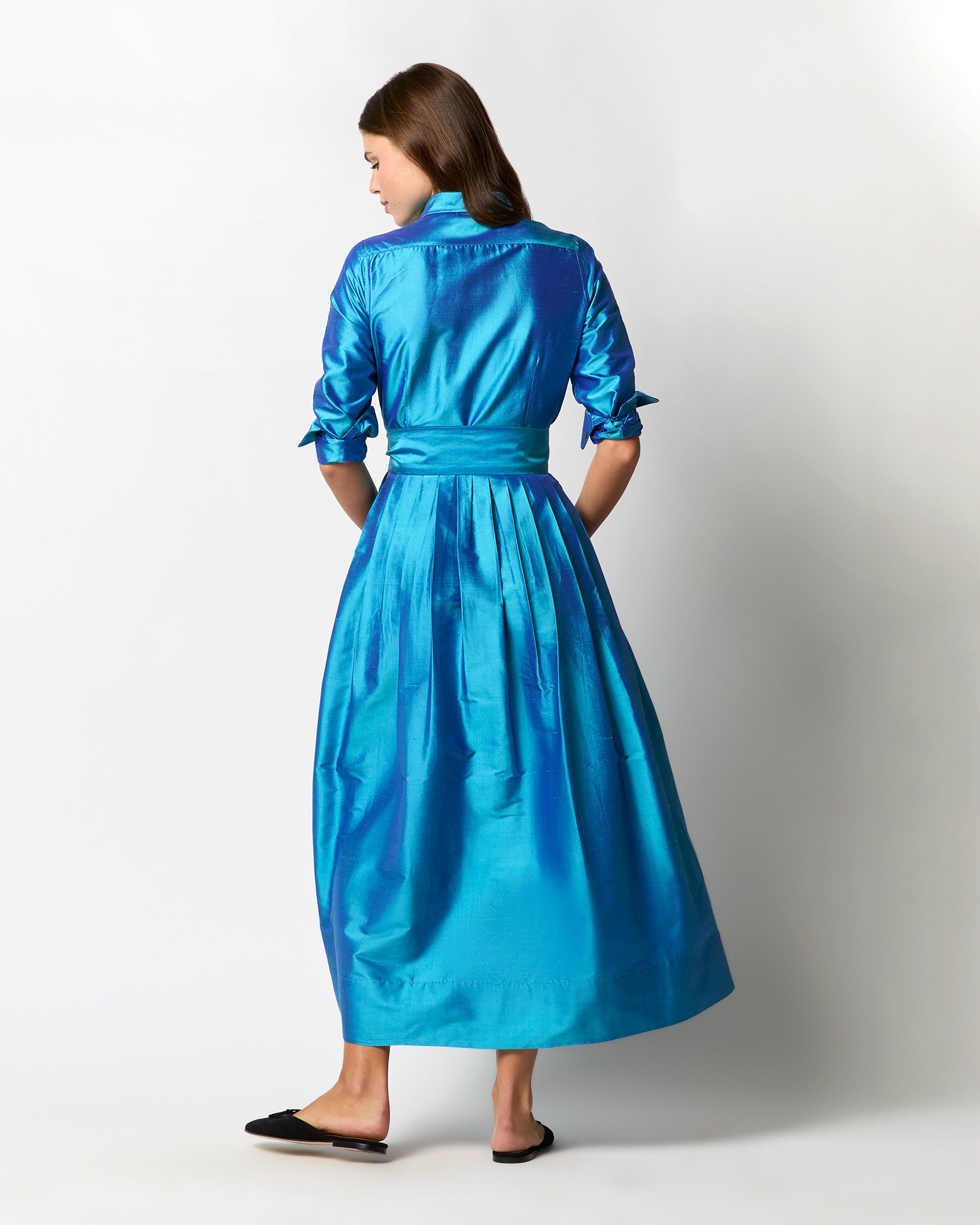 Classic Shirtwaist Maxi Dress in Azure Iridescent Silk Shantung Shop Ann Mashburn