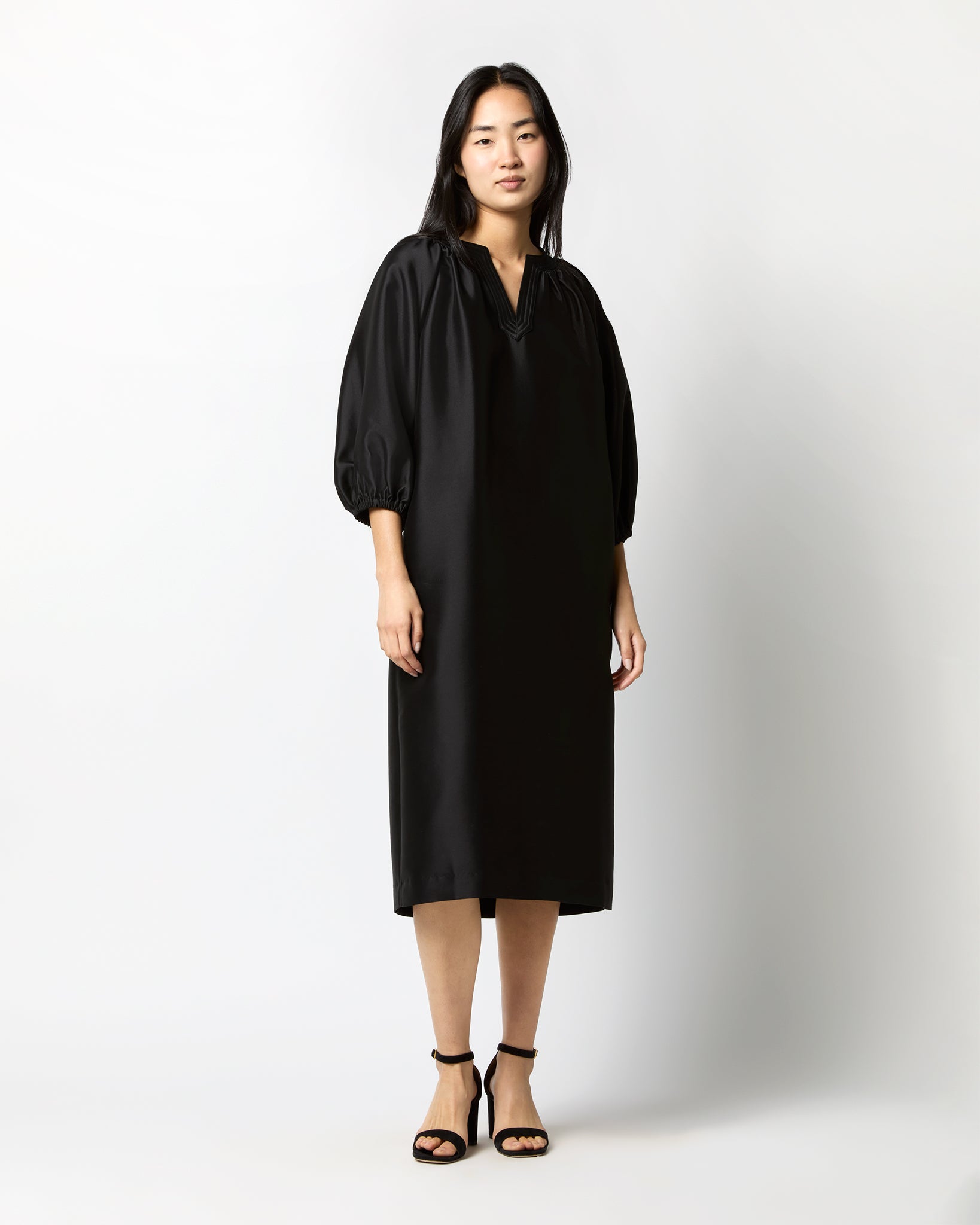 Trapunto Blouson Dress in Black Silk/Wool