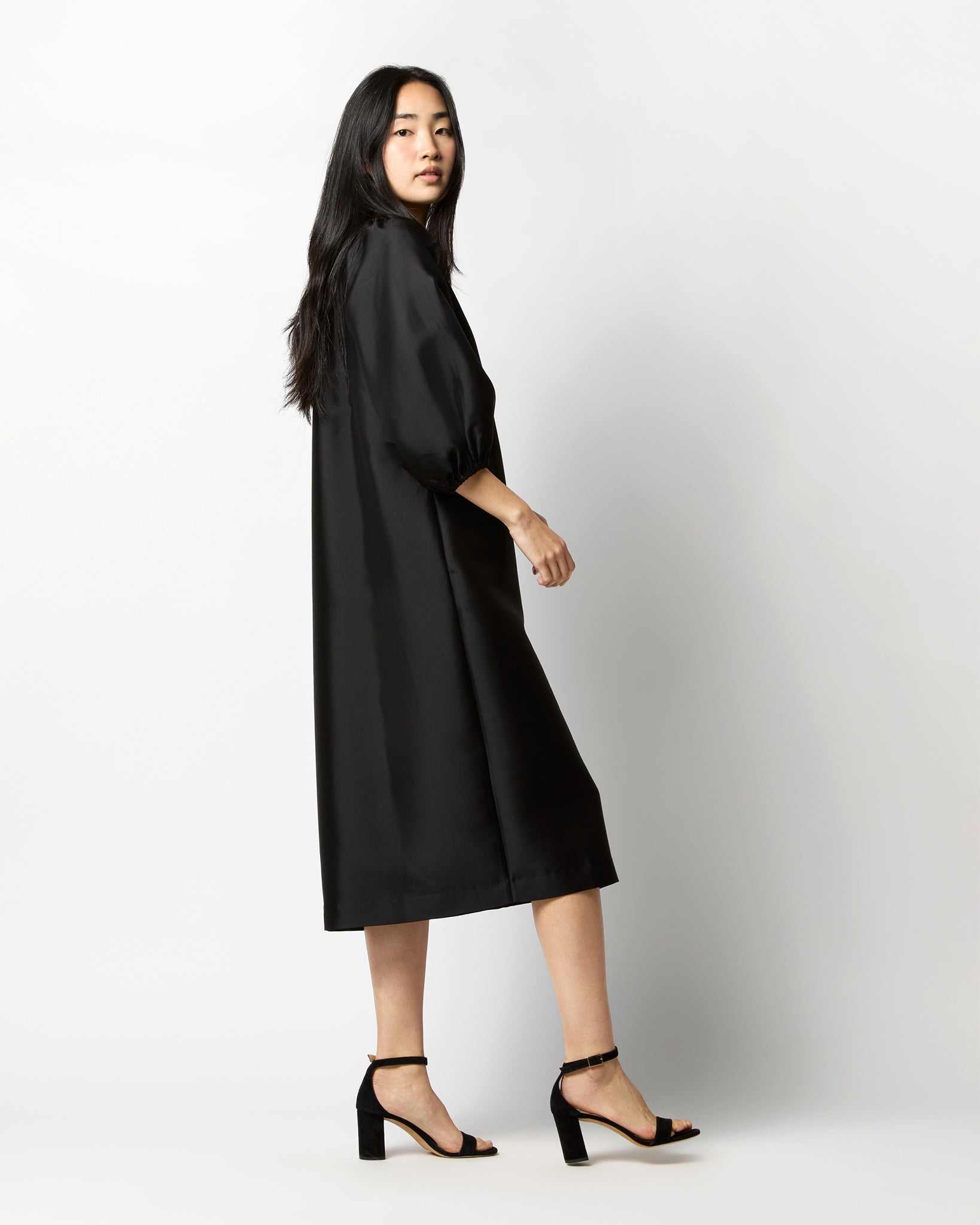 Trapunto Blouson Dress in Black Silk/Wool