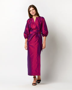 Kira Maxi Wrap Skirt in Berry Iridescent Silk Shantung