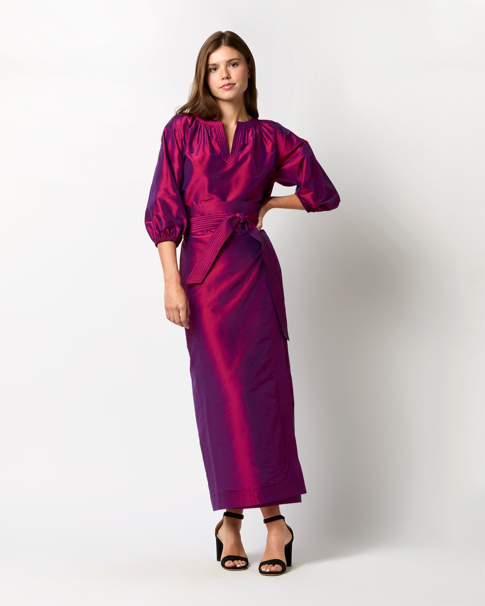 Kira Maxi Wrap Skirt in Berry Iridescent Silk Shantung