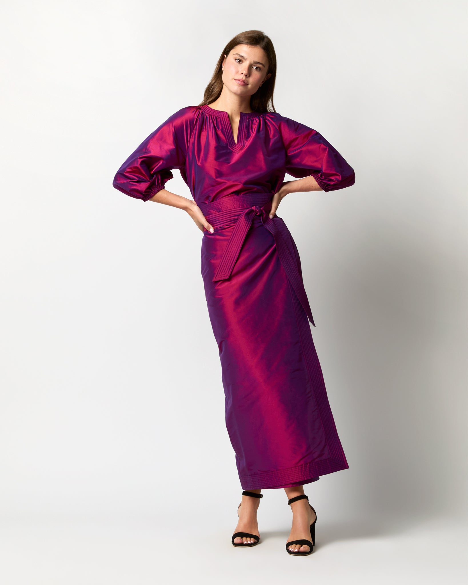 Kira Maxi Wrap Skirt in Berry Iridescent Silk Shantung