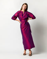 Load image into Gallery viewer, Kira Maxi Wrap Skirt in Berry Iridescent Silk Shantung
