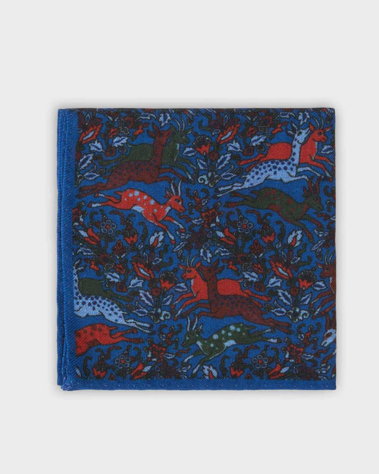 Hand-Rolled Wool Print Pocket Square in Blue Antelope Scene