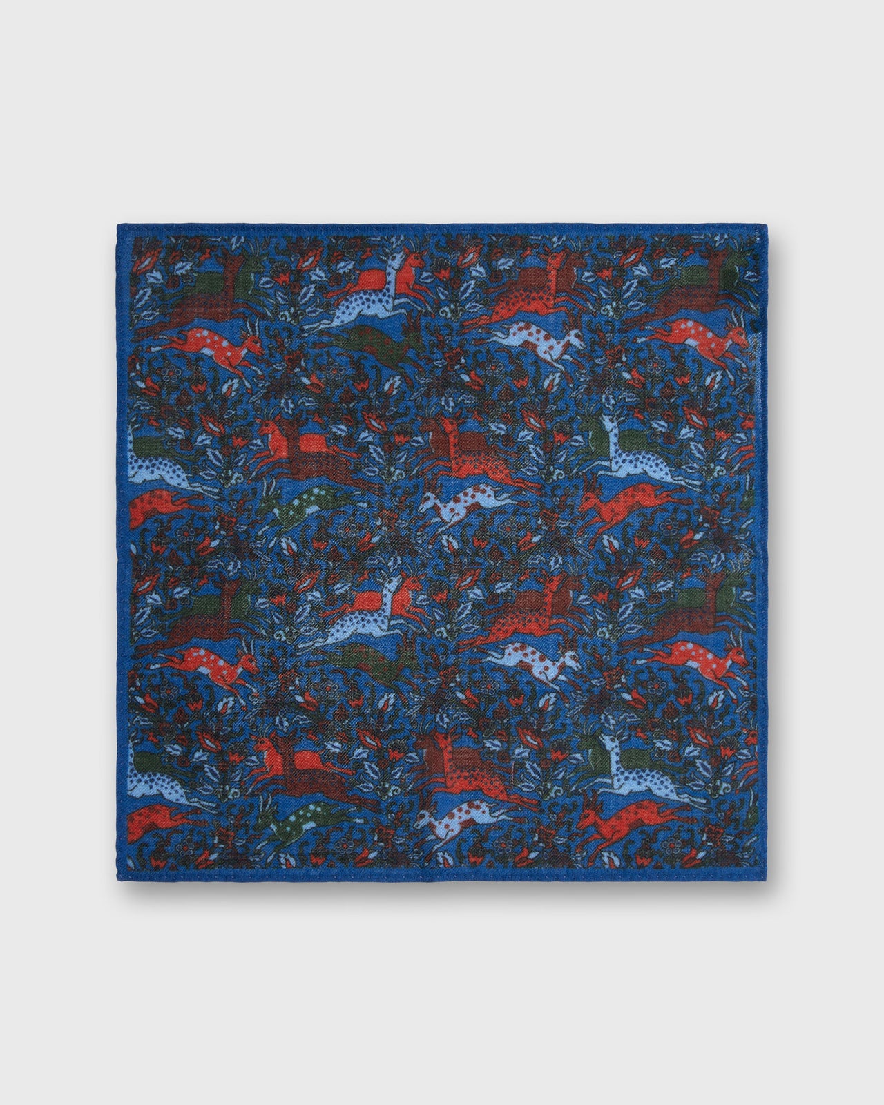 Hand-Rolled Wool Print Pocket Square in Blue Antelope Scene