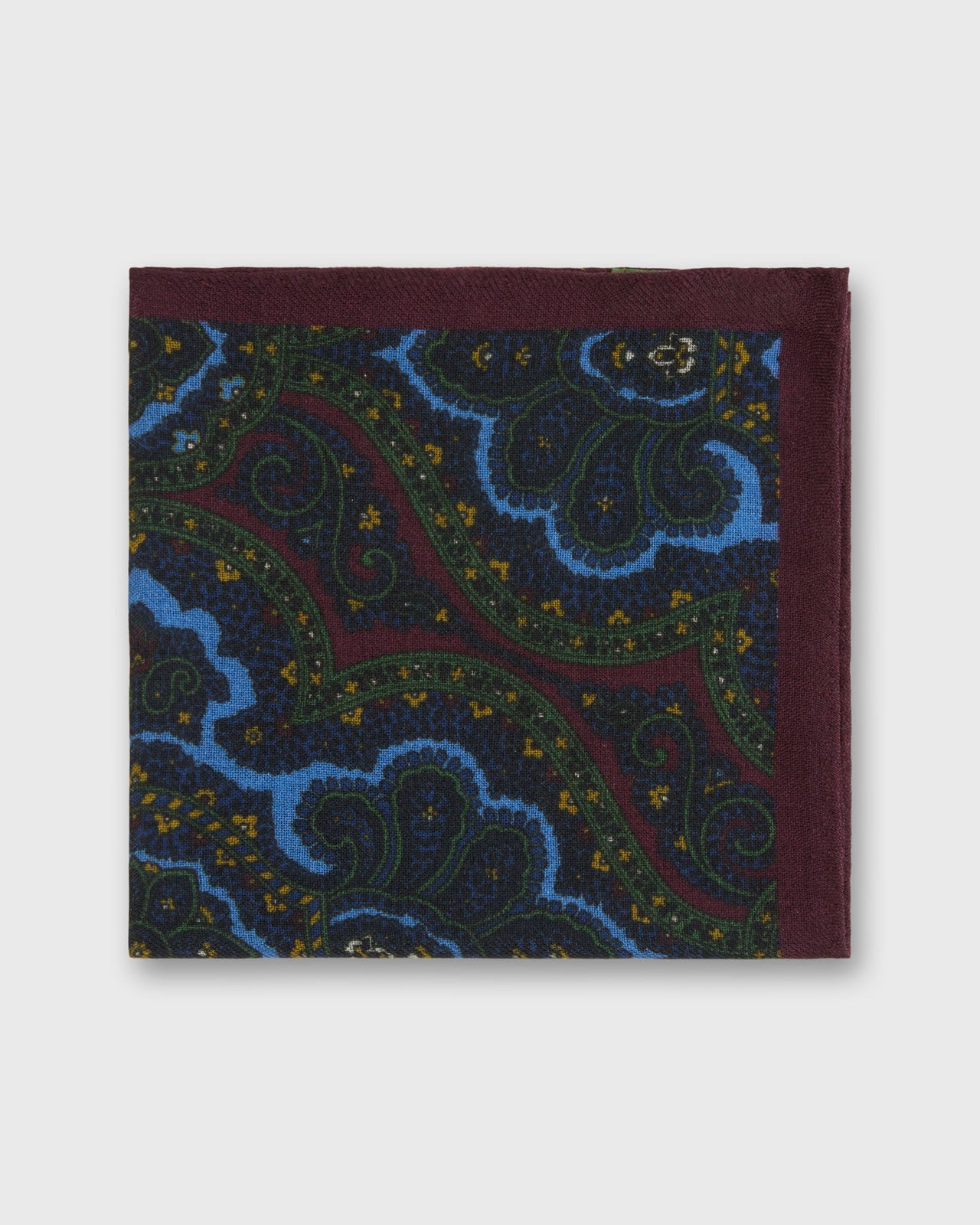 Wool Print Pocket Square in Green/Navy/Glacier Paisley