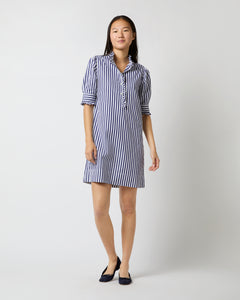 Elbow-Sleeved Frill Dress in Navy Awning Stripe Poplin