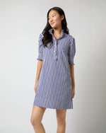 Load image into Gallery viewer, Elbow-Sleeved Frill Dress in Navy Awning Stripe Poplin
