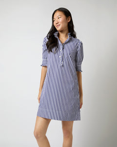 Elbow-Sleeved Frill Dress in Navy Awning Stripe Poplin