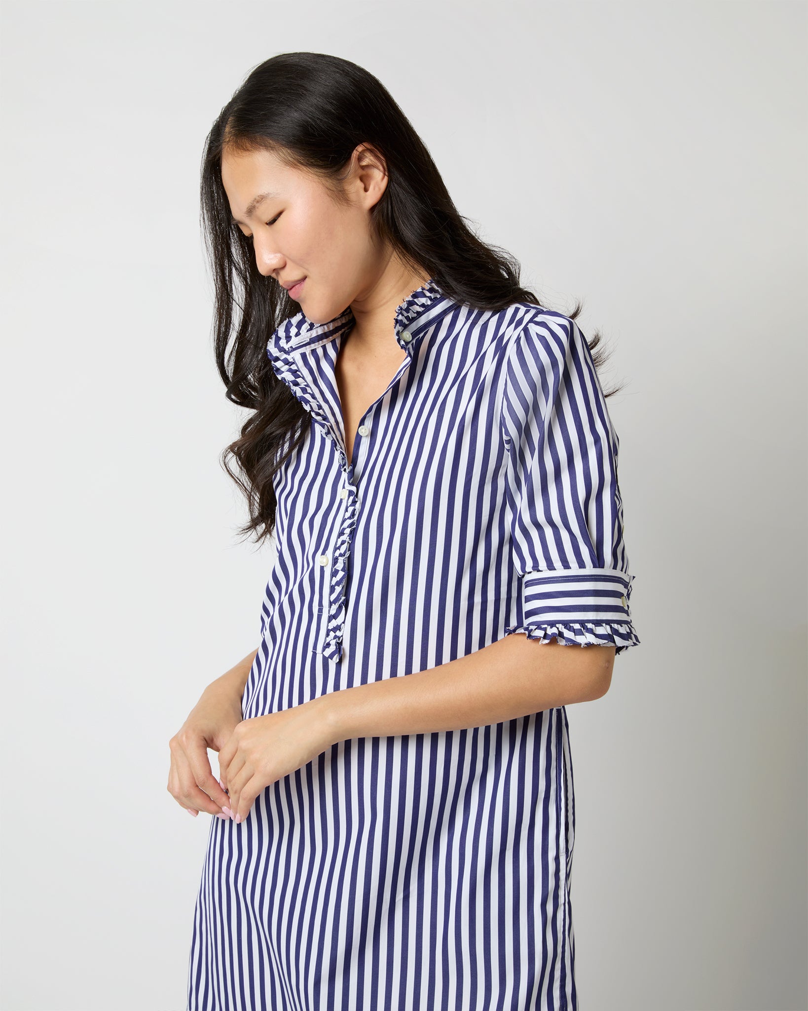 Elbow-Sleeved Frill Dress in Navy Awning Stripe Poplin