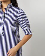 Load image into Gallery viewer, Elbow-Sleeved Frill Dress in Navy Awning Stripe Poplin
