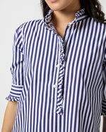 Load image into Gallery viewer, Elbow-Sleeved Frill Dress in Navy Awning Stripe Poplin
